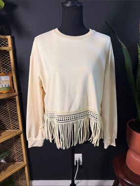 SHEIN Cream Fringe Hem Crochet Pullover Sweatshirt